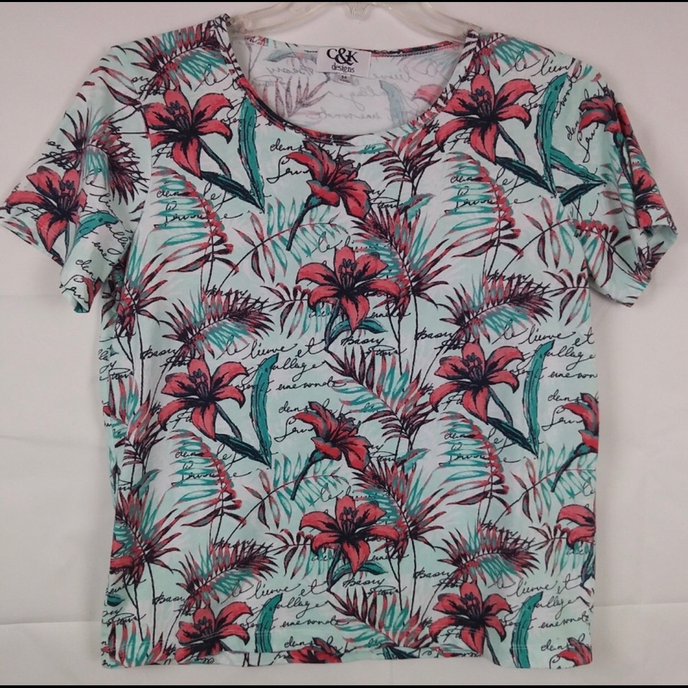 C&K designs White floral hibiscus print top M